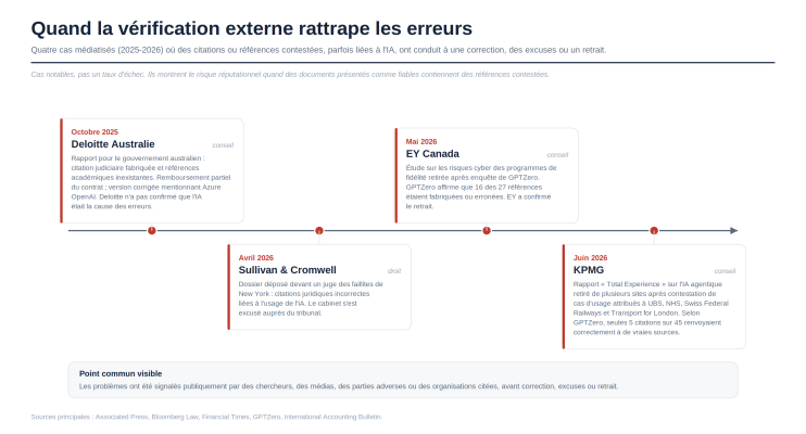 Frise chronologique de quatre cas médiatisés entre octobre 2025 et juin 2026 : Deloitte Australie, Sullivan & Cromwell, EY Canada et KPMG. Chaque cas indique la date, l’acteur, son secteur et la nature de la contestation — citations ou références fabriquées, remboursement partiel, retrait de rapport. Un encadré « Point commun visible » relève que les problèmes ont tous été signalés publiquement par des chercheurs, des médias, des parties adverses ou les organisations citées, avant correction, excuses ou retrait.