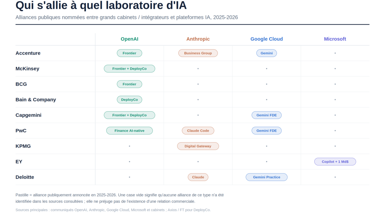Matrice des alliances publiquement annoncées en 2025-2026 entre neuf cabinets — Accenture, McKinsey, BCG, Bain, Capgemini, PwC, KPMG, EY, Deloitte — et quatre plateformes d’IA.
