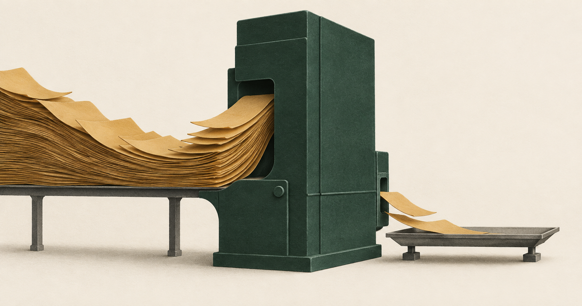Illustration éditoriale : un flux de feuilles traverse une machine, quelques feuilles en ressortent.