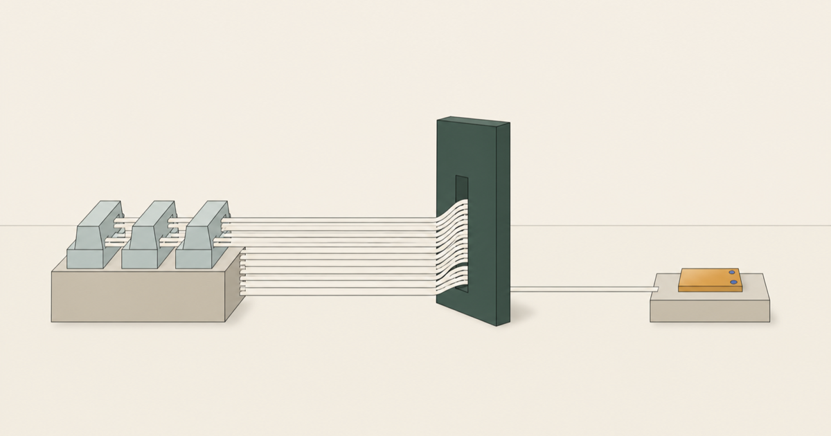Trois petits modules produisent de nombreux flux de papier qui se resserrent dans une porte de contrôle ; un seul livrable ocre atteint le socle final.