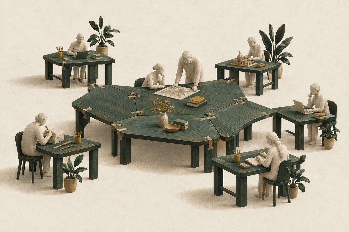 Des postes de travail indépendants reliés à une table commune.